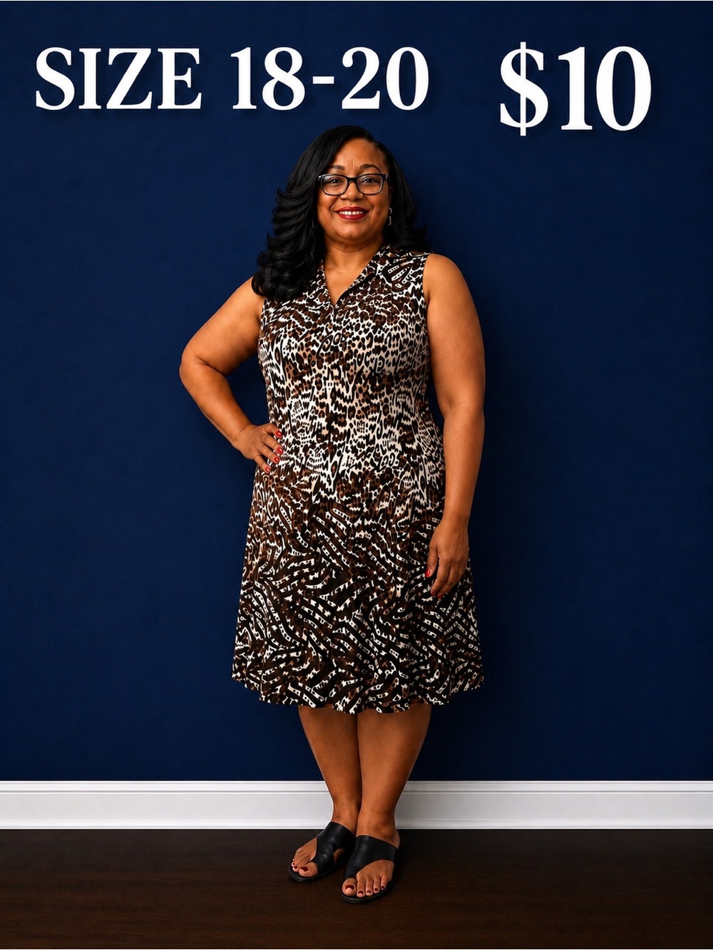 Sleeveless Brown Animal Print A-Line Dress - Size 18-20